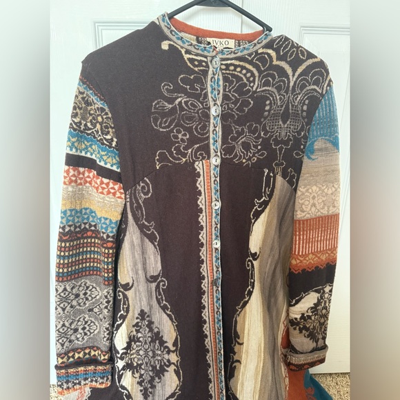 IVKO Woman 100% Wool Brown and Multicolor Patterned Yarn Long Jacket - Picture 2 of 12